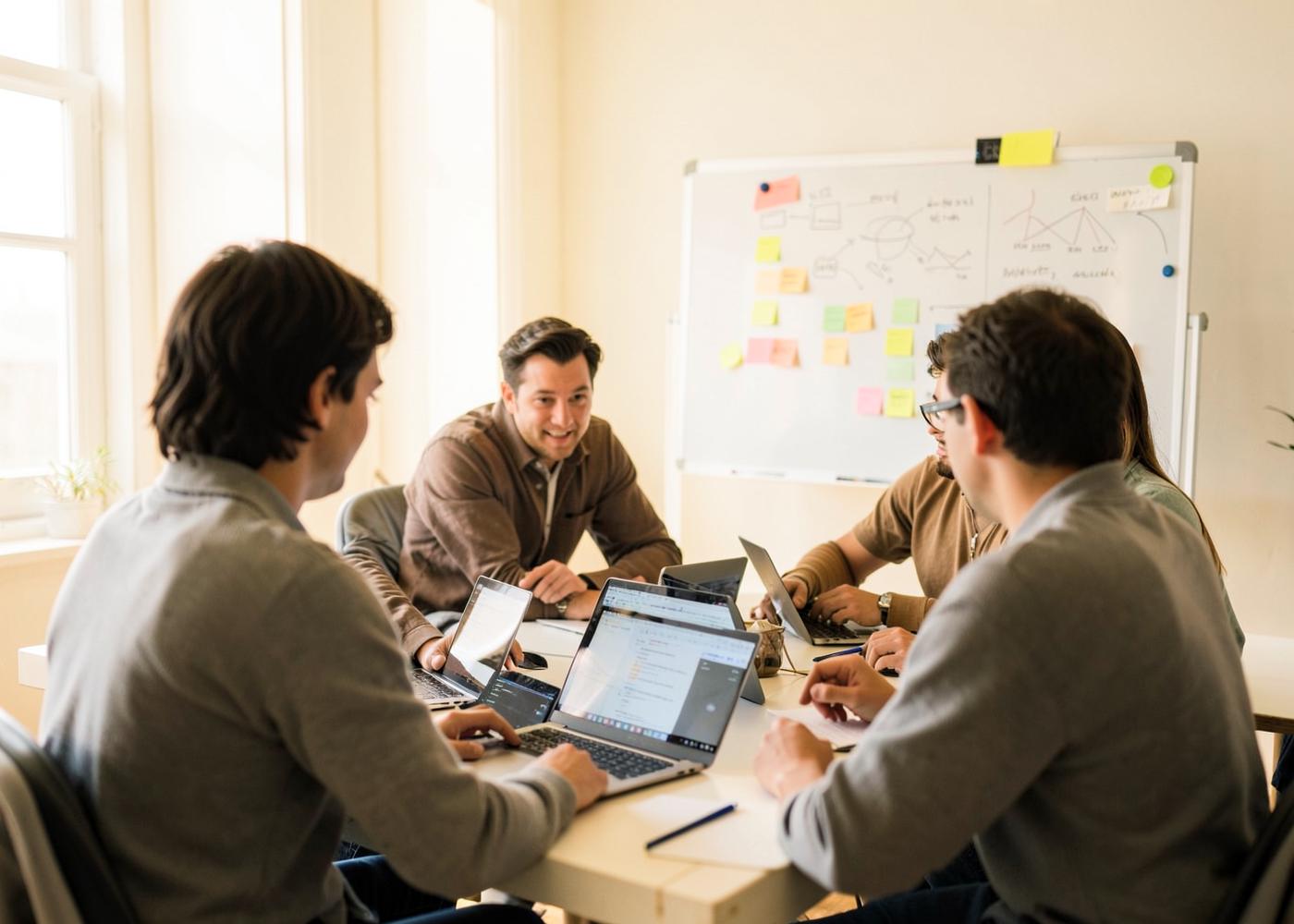 Small team working together around a table with laptops and a whiteboard of diagrams