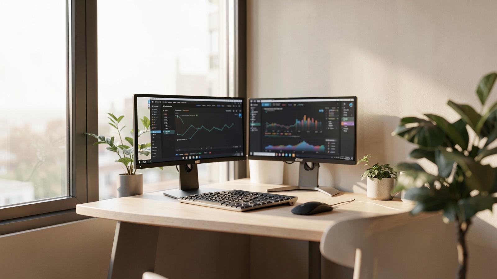 Quiet office corner with two monitors showing dashboards in morning light